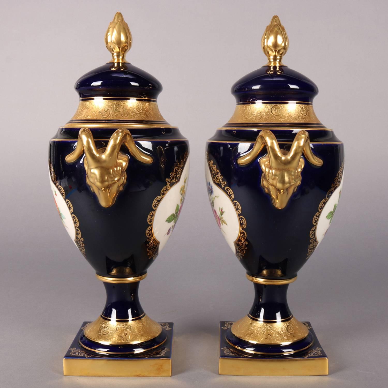 20th Century Western Germany Meissen School Hand-Painted Cobalt and Gilt Porcelain Urns