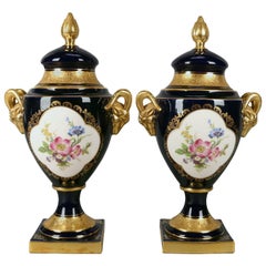 Western Germany Meissen School Hand-Painted Cobalt and Gilt Porcelain Urns