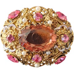 Western Germany Pink Rhinestone and Faux Pearl Filigree Brooch, 1950s