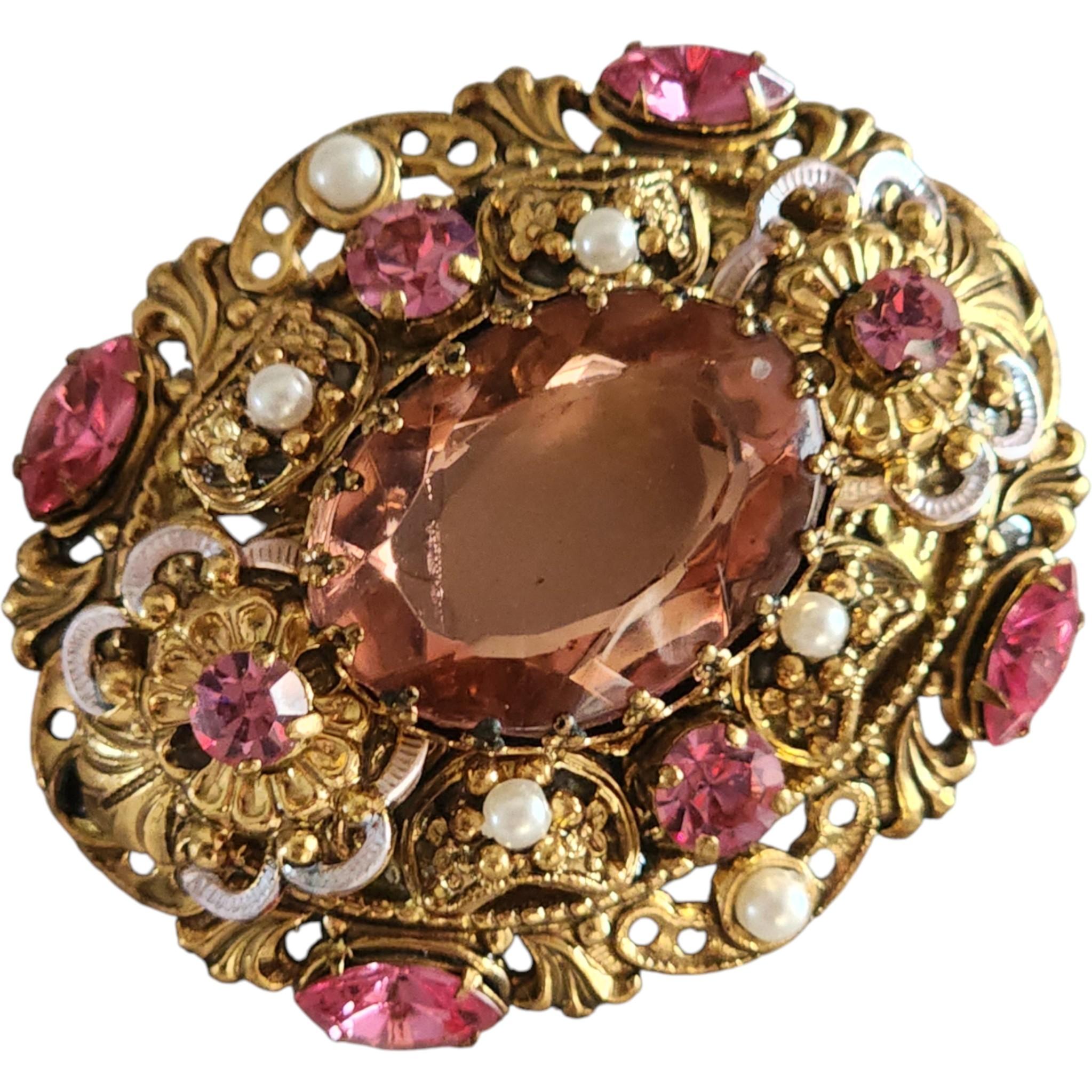 Western Germany Pink Rhinestone and Faux Pearl Filigree Brooch, 1950s For Sale