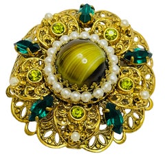 WESTERN GERMANY signed gold glass stones brooch earrings designer set