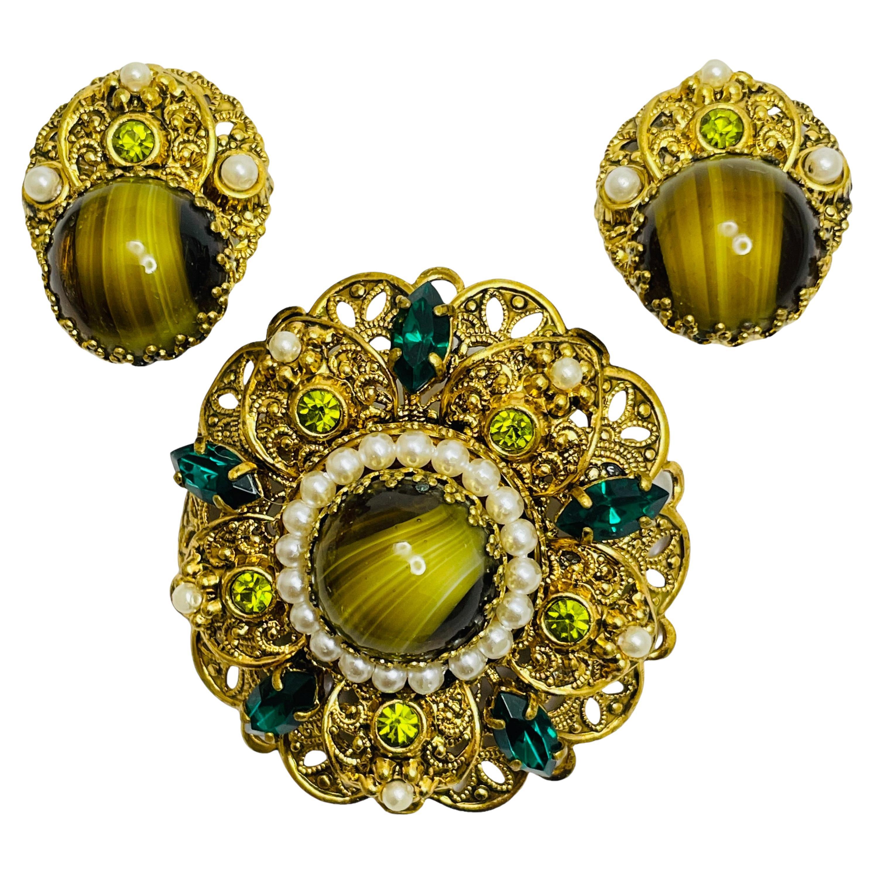 GERMANIA OCCIDENTALE firmato oro vetro pietre spilla orecchini designer set in vendita