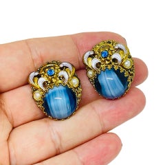 WESTERN GERMANY signed gold ton blue glass enamel designer clip on earrings