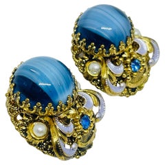 WESTERN GERMANY signed gold ton blue glass enamel designer clip on earrings