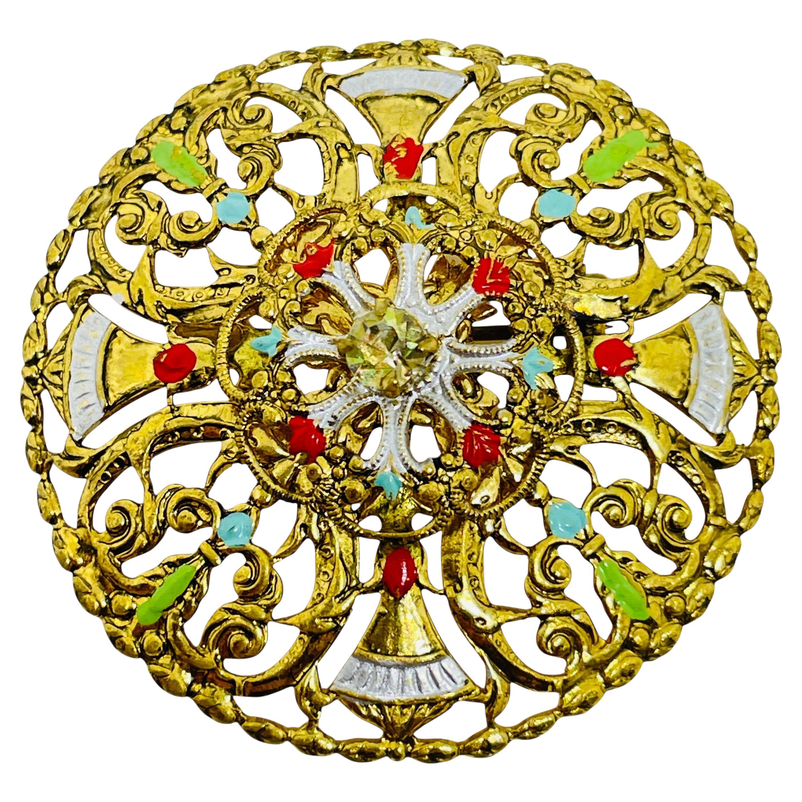 WESTERN GERMANY signed gold tone enamel designer brooch For Sale