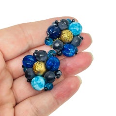 WESTERN GERMANY signed vintage gold tone blue beaded cluster clip on earrings