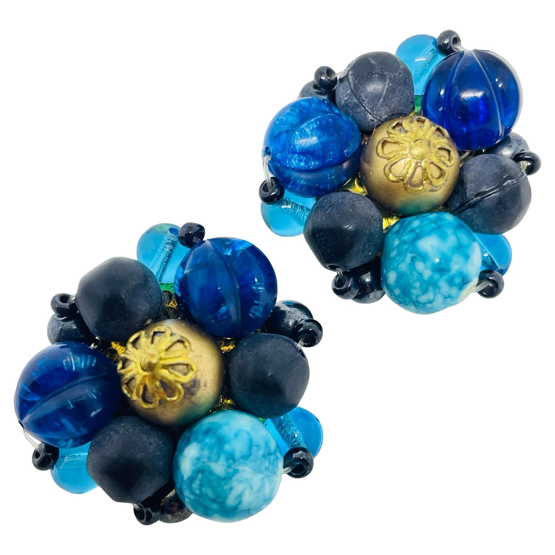 WESTERN GERMANY signed vintage gold tone blue beaded cluster clip on earrings