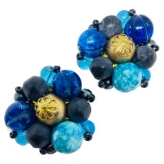 WESTERN GERMANY signed vintage gold tone blue beaded cluster clip on earrings
