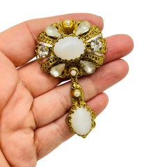 WESTERN GERMANY signed vintage gold tone glass opal dangle designer brooch