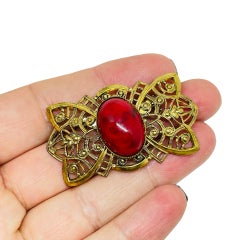 WESTERN GERMANY signed vintage gold tone red glass designer brooch