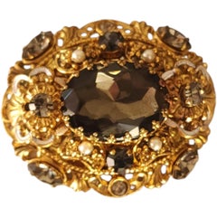 Western Germany Smoky Rhinestone and Faux Pearl Filigree Brooch, 1950s