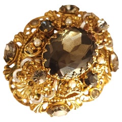 Western Germany Smoky Rhinestone and Faux Pearl Filigree Brooch, 1950s Western Germany Smoky Rhinestone and Faux Pearl Filigree Brooch, 1950s
