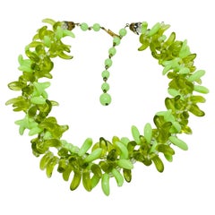 WESTERN GERMANY vintage gold tone glass green beaded 1960's designer necklace