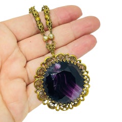 WESTERN GERMANY vintage gold tone purple glass designer necklace pendant 1970's