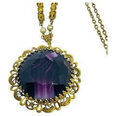 WESTERN GERMANY vintage gold tone purple glass designer necklace pendant 1970's