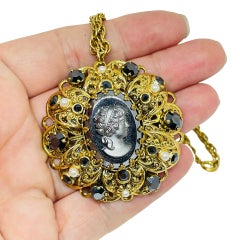 WESTERN GERMANY vintage gold tone rhinestone pearls cameo pendant chain necklace