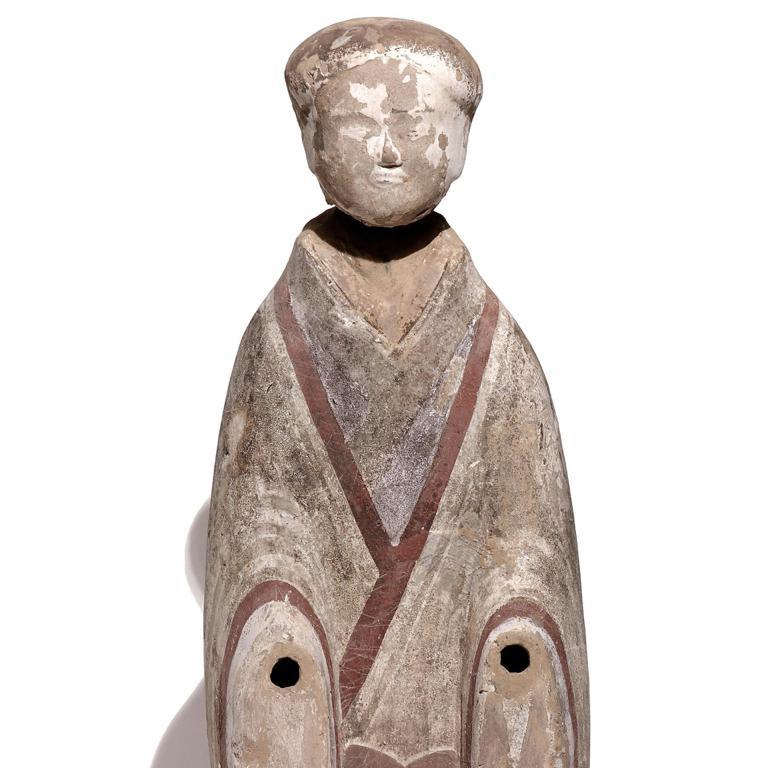 Fired Western Han Painted Grey Earthenware Standing Female Tomb Figure For Sale