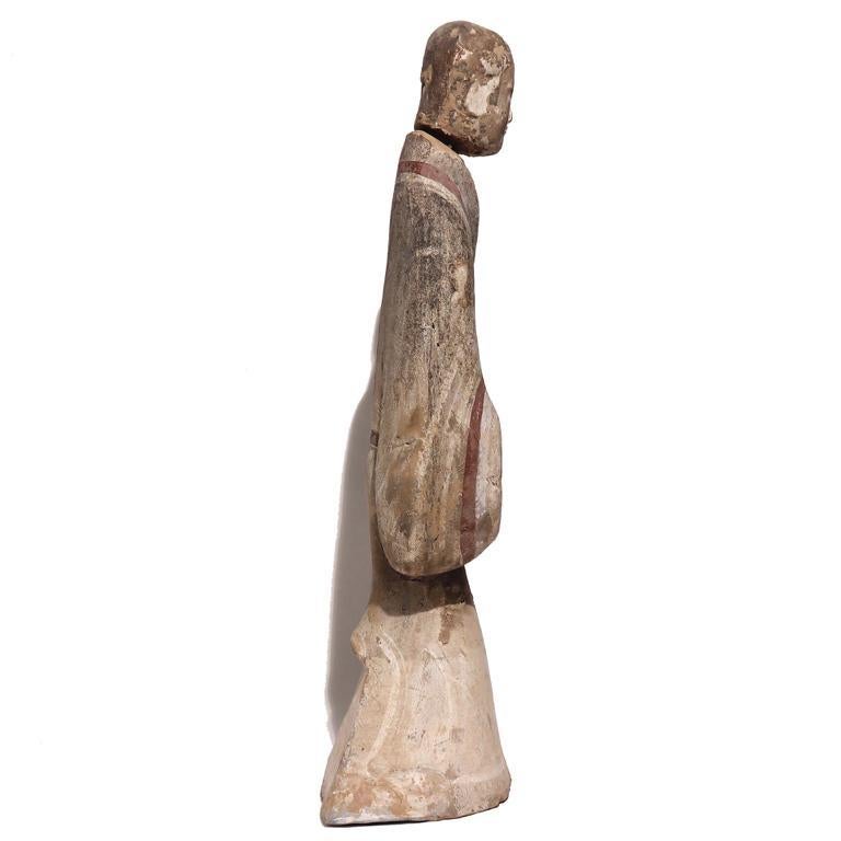 18th Century and Earlier Western Han Painted Grey Earthenware Standing Female Tomb Figure For Sale