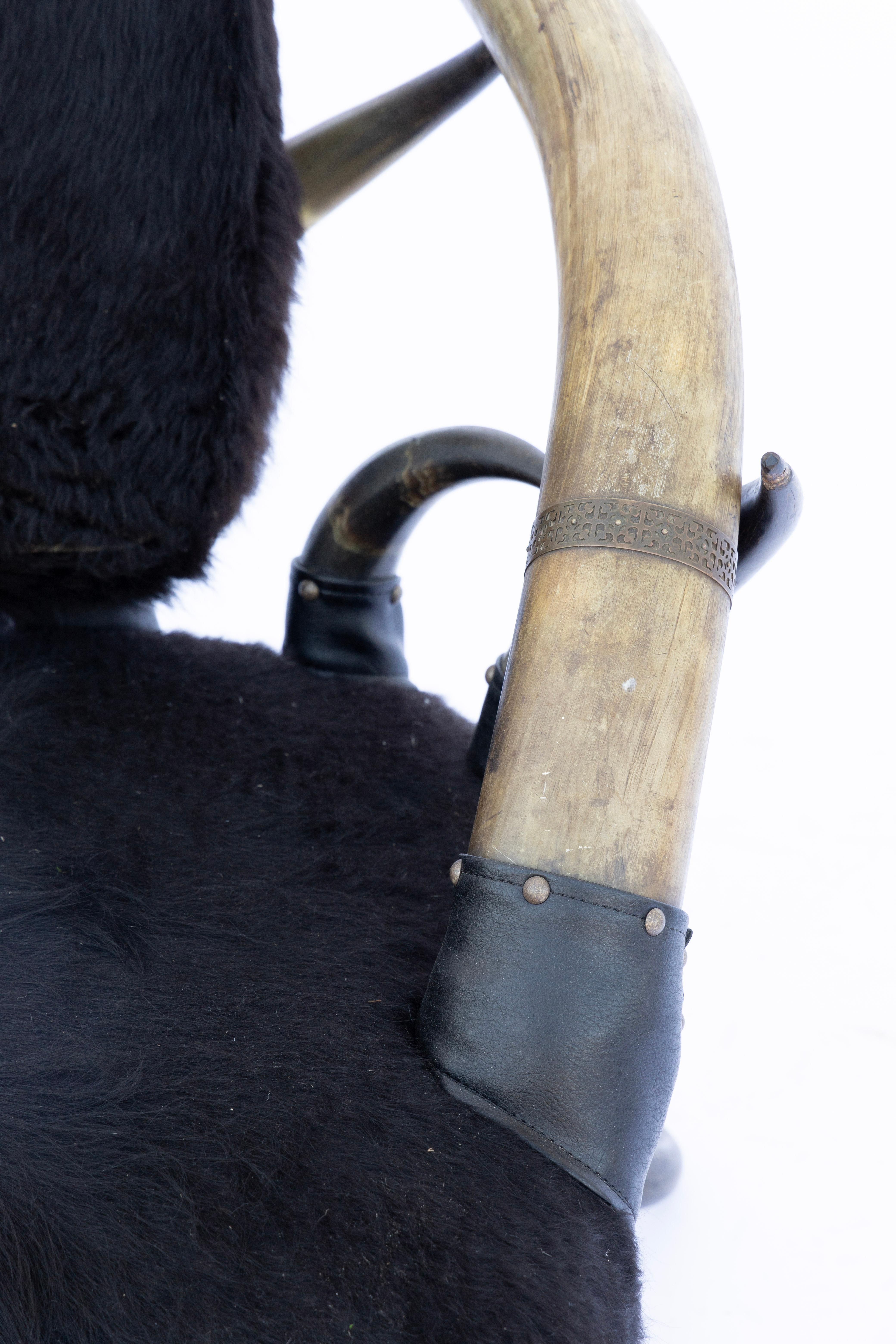 Hand-Carved Western Horn Frame Leather & Cowhide Chair after  Wenzel Friedrich