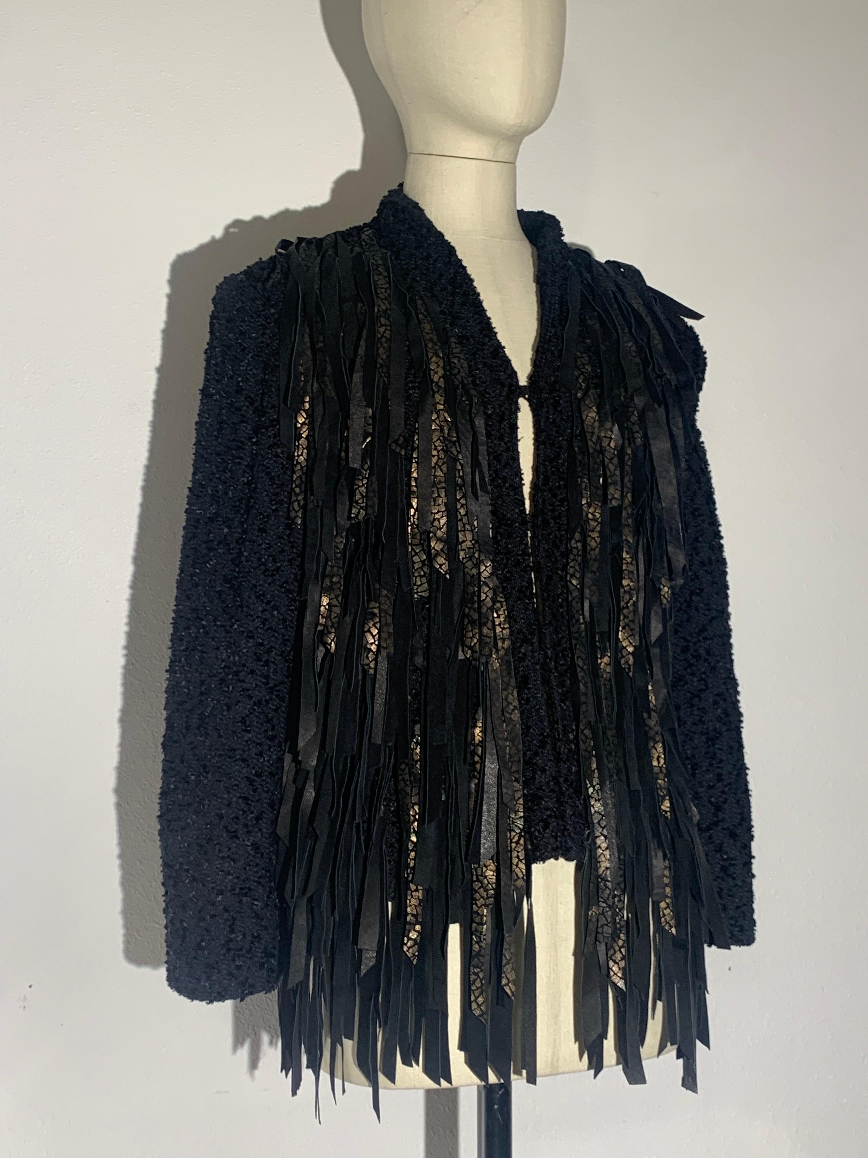 Kathleen Weir West Art-To-Wear Handwoven Black Boucle & Suede Fringed Jacket: Western - inspired black and gold stamped suede fringe covering entire front and back. Banded collar. Lined in silk/rayon crepe. Hook and eye closures at front. No
