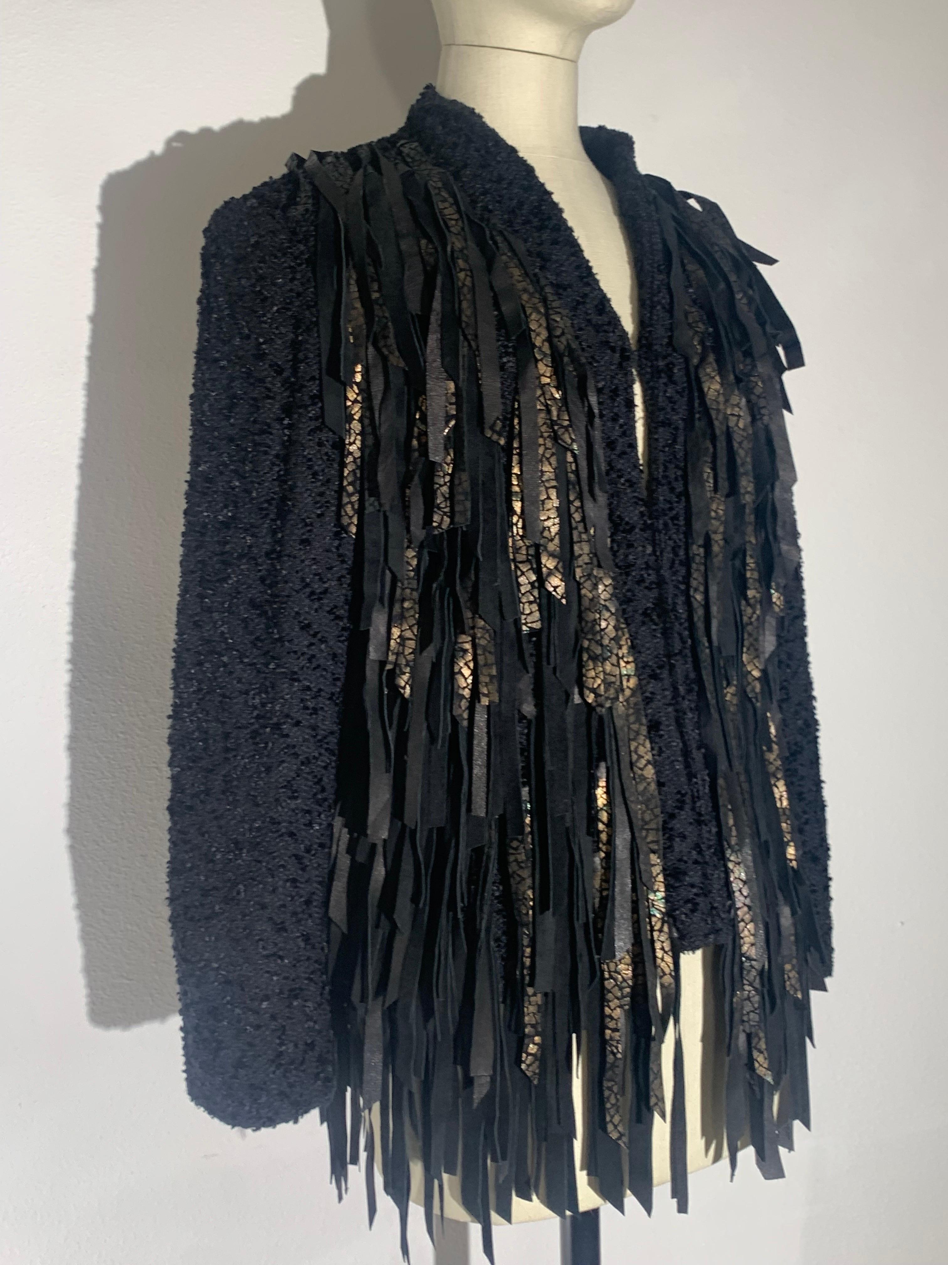 Western-Inspired Art-To-Wear Handwoven Black Boucle & Suede Fringed Jacket  In Excellent Condition For Sale In Gresham, OR
