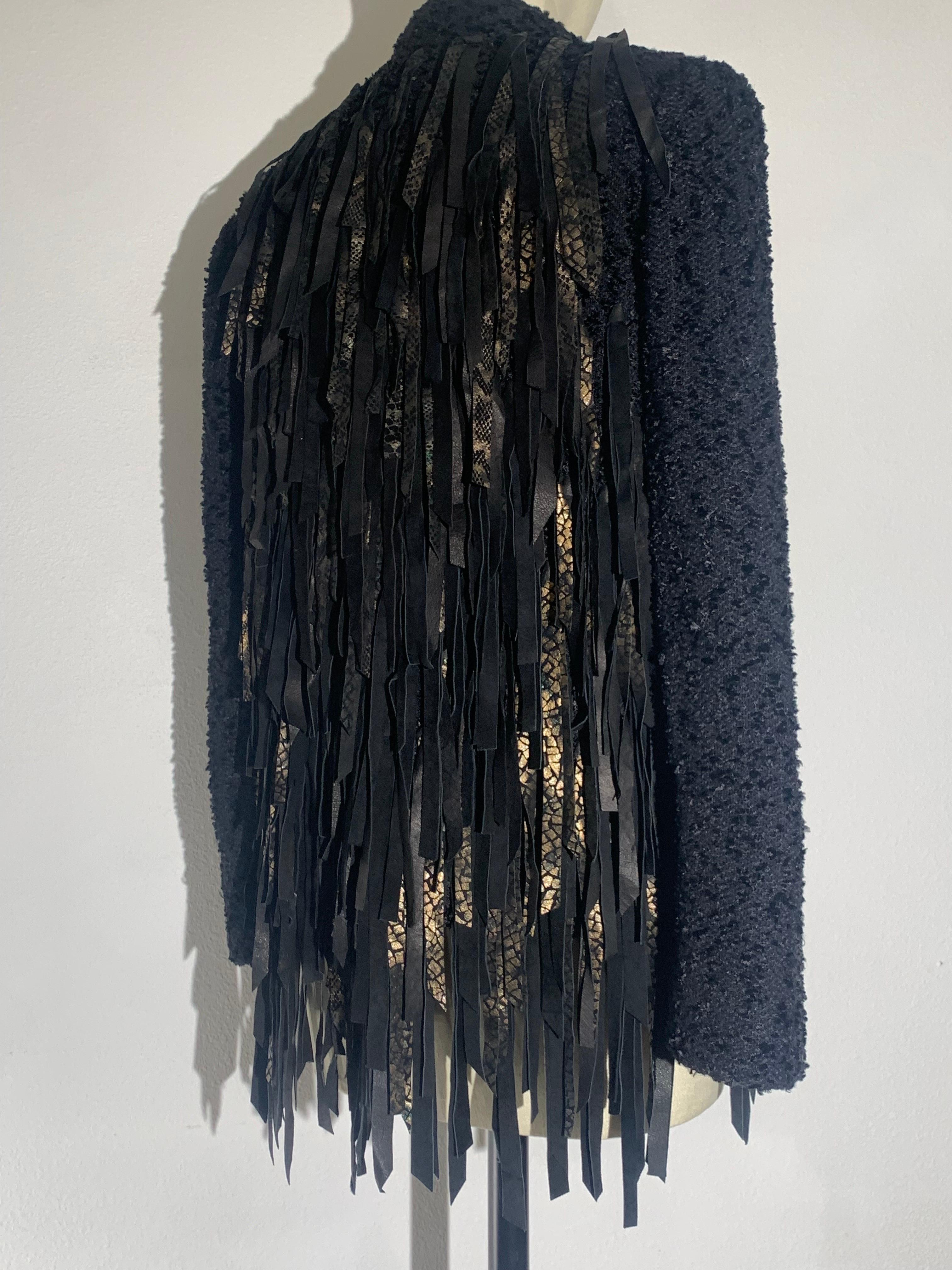Women's or Men's Western-Inspired Art-To-Wear Handwoven Black Boucle & Suede Fringed Jacket  For Sale