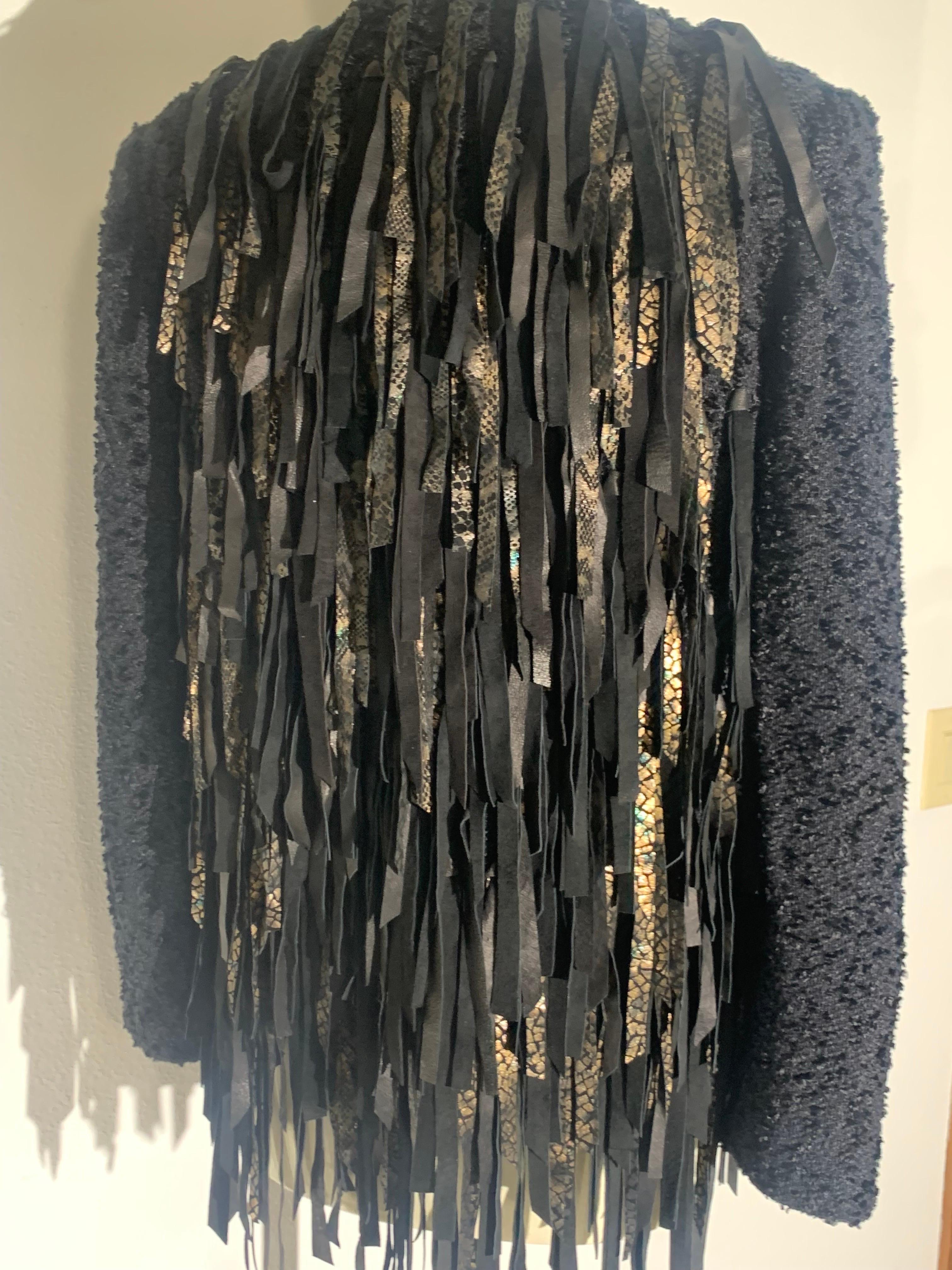 Western-Inspired Art-To-Wear Handwoven Black Boucle & Suede Fringed Jacket  For Sale 2