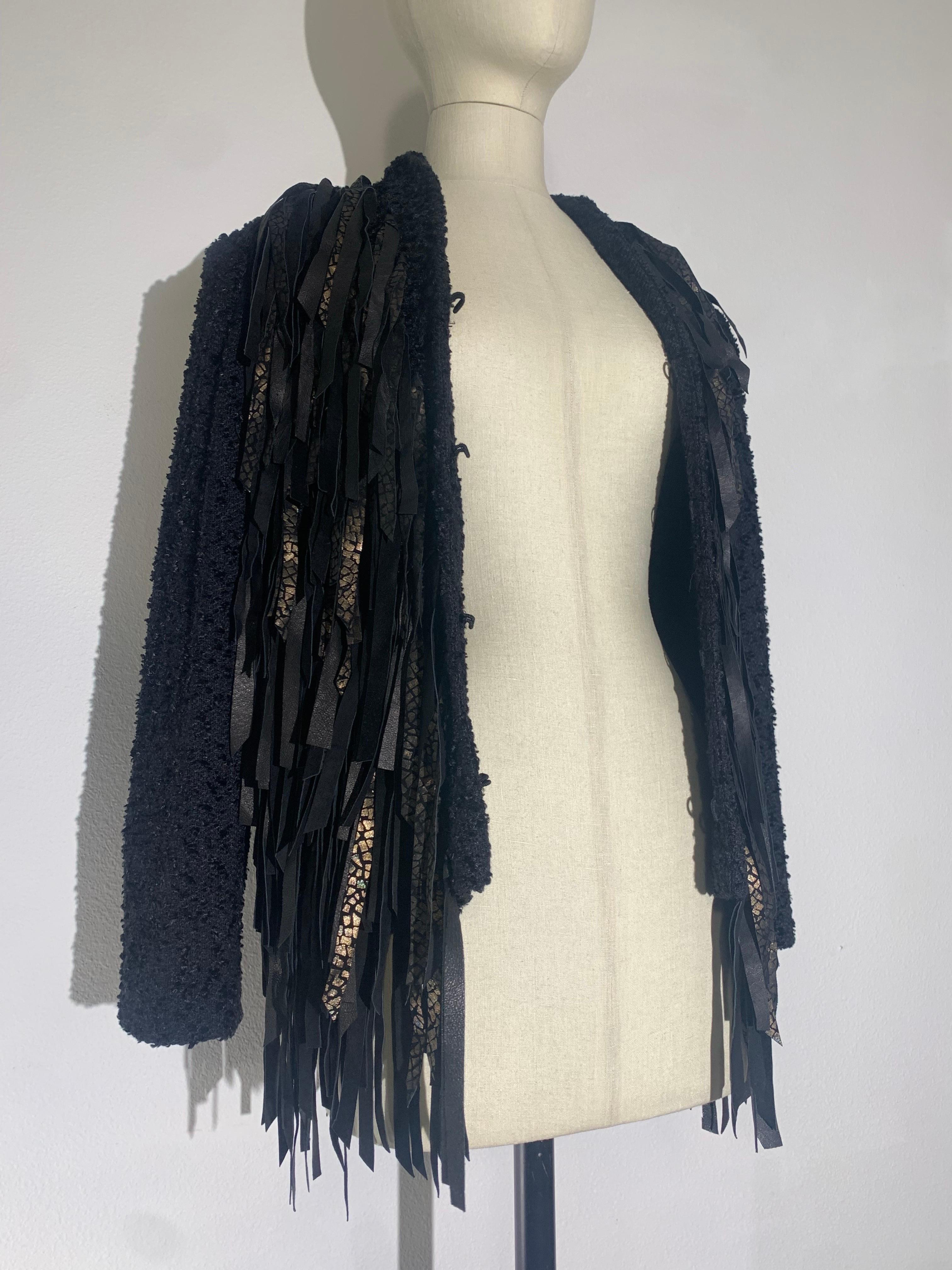 Western-Inspired Art-To-Wear Handwoven Black Boucle & Suede Fringed Jacket  For Sale 5