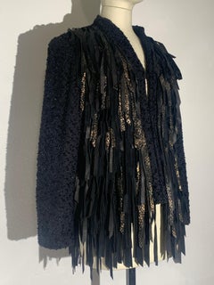 Western-Inspired Art-To-Wear Handwoven Black Boucle & Suede Fringed Jacket 