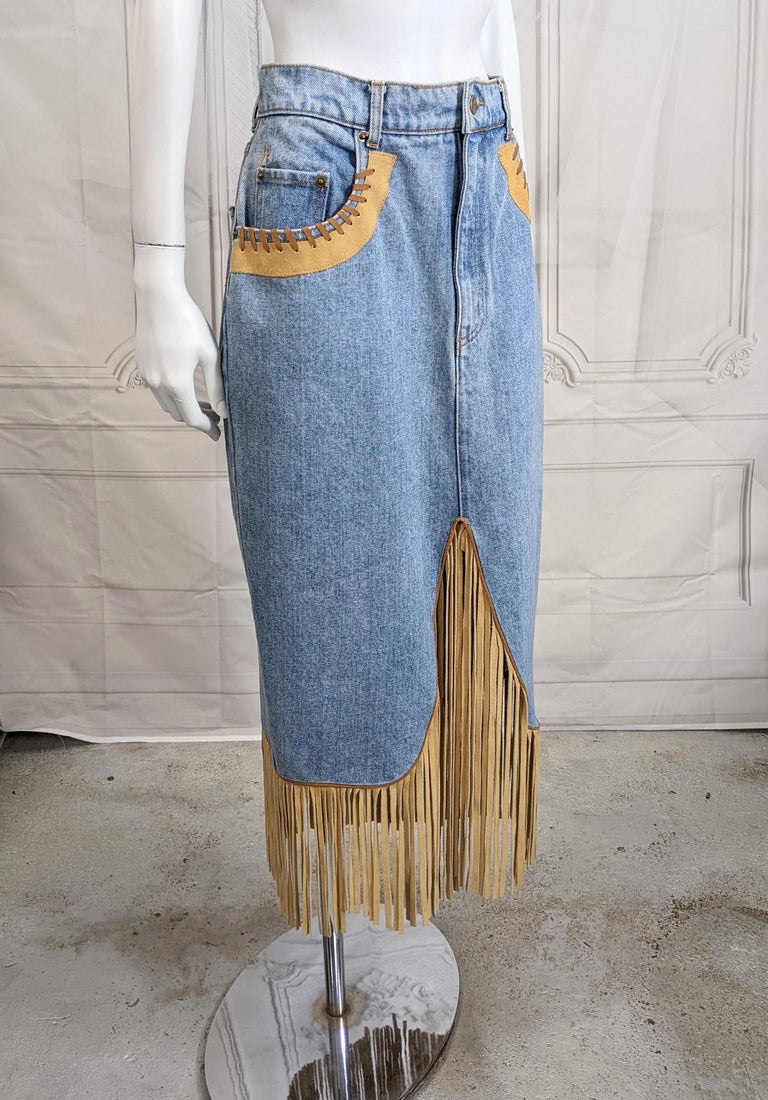 Western Inspired Denim Fringed Skirt For Sale at 1stDibs