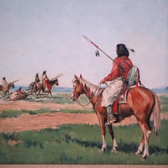 Western Landscape Painting with Indians on Horseback by Charles Nett, 20th C