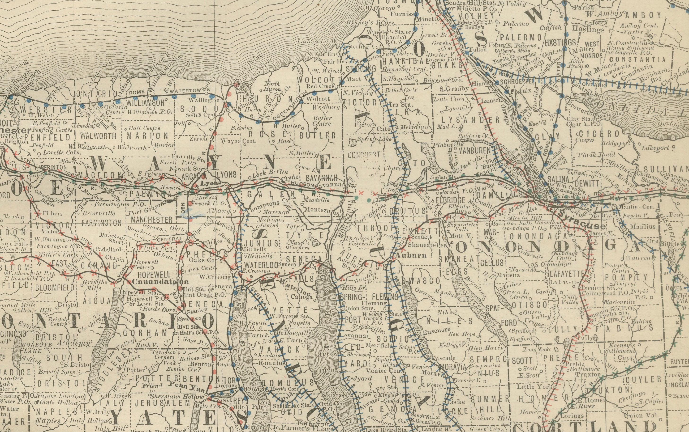 Inciso Mappa antica di Western New York - L'Empire State, ferrovie e contee, 1888 ca. in vendita