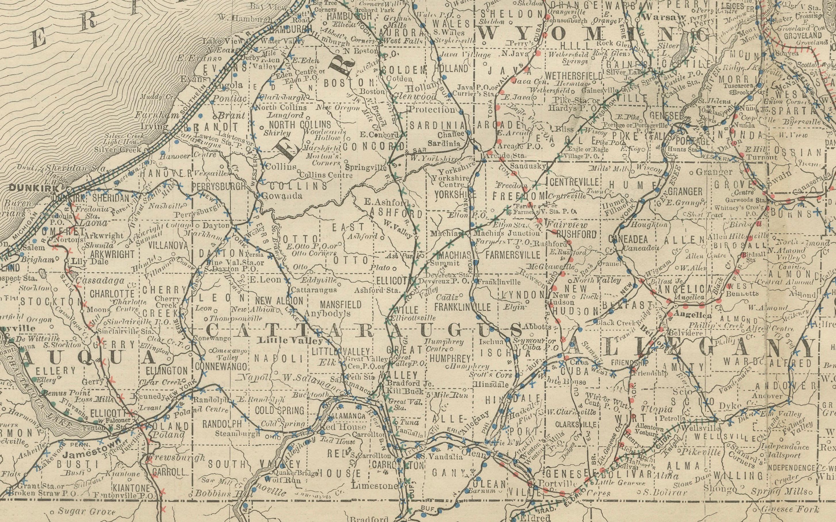 XIX secolo Mappa antica di Western New York - L'Empire State, ferrovie e contee, 1888 ca. in vendita