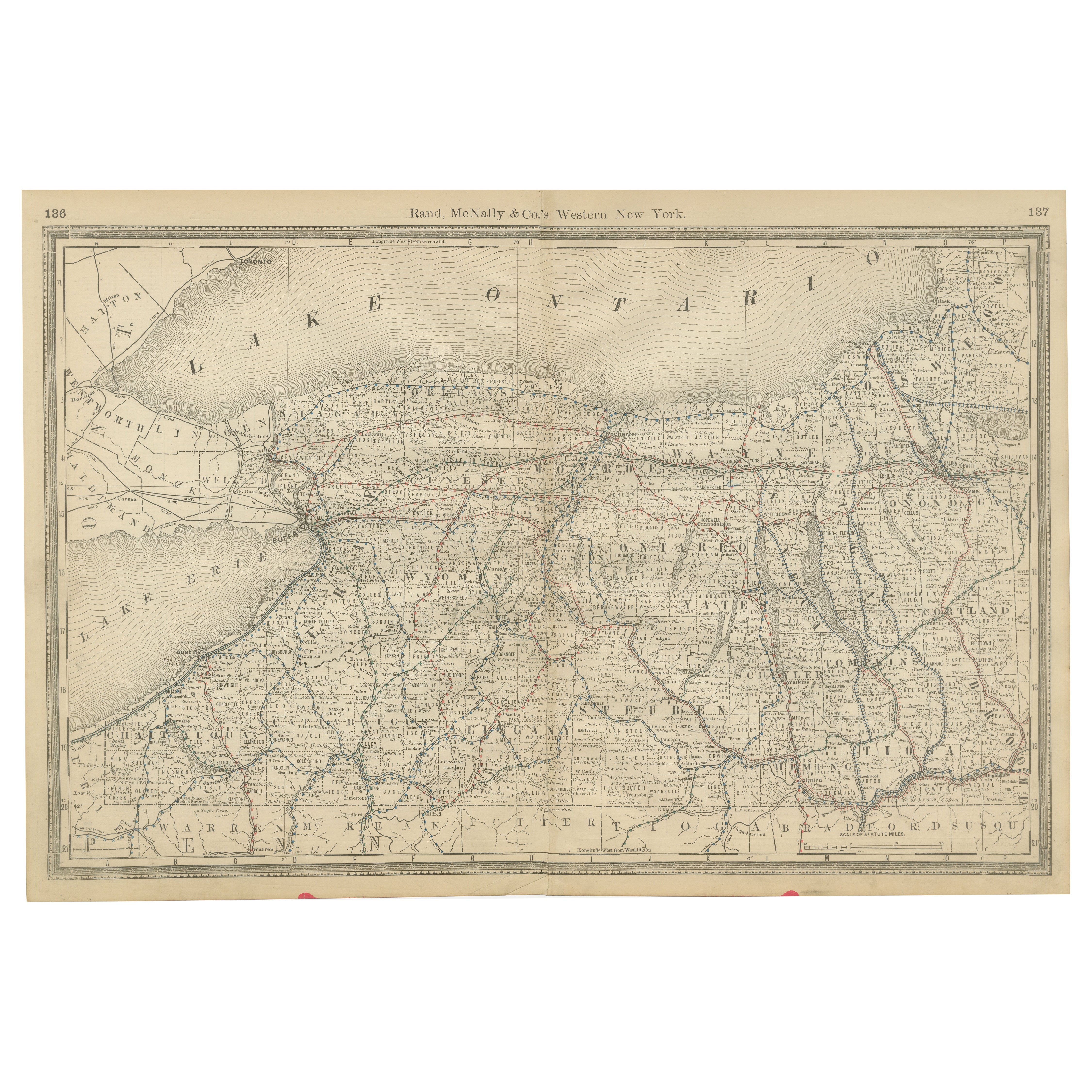 Carte ancienne de l'ouest de l'Etat de New York - L'Etat de l'Empire, les chemins de fer et les comtés, c.1888