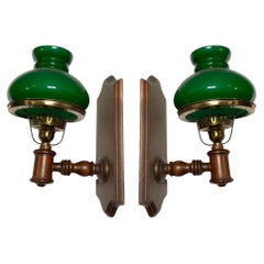 Vintage Western Oil Lamp Green Bankers Electric Sconce w/Shade, Pair