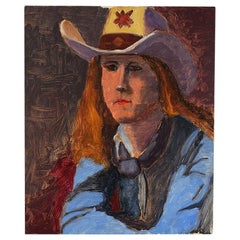 Vintage Western Portrait Painting of a Woman in Cowboy Hat