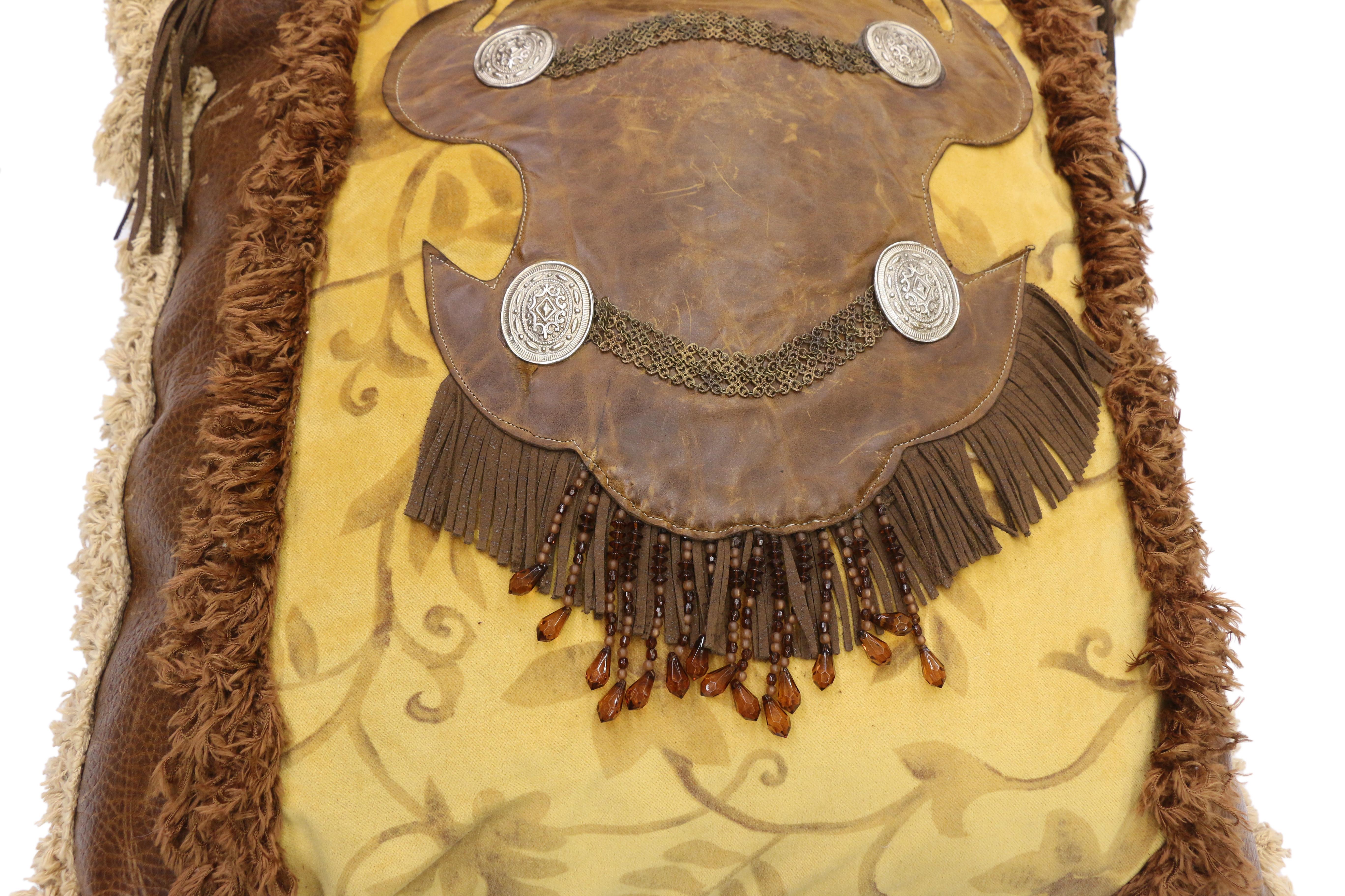 Western Rockabilly Style Leather Throw Pillow With Fringe And