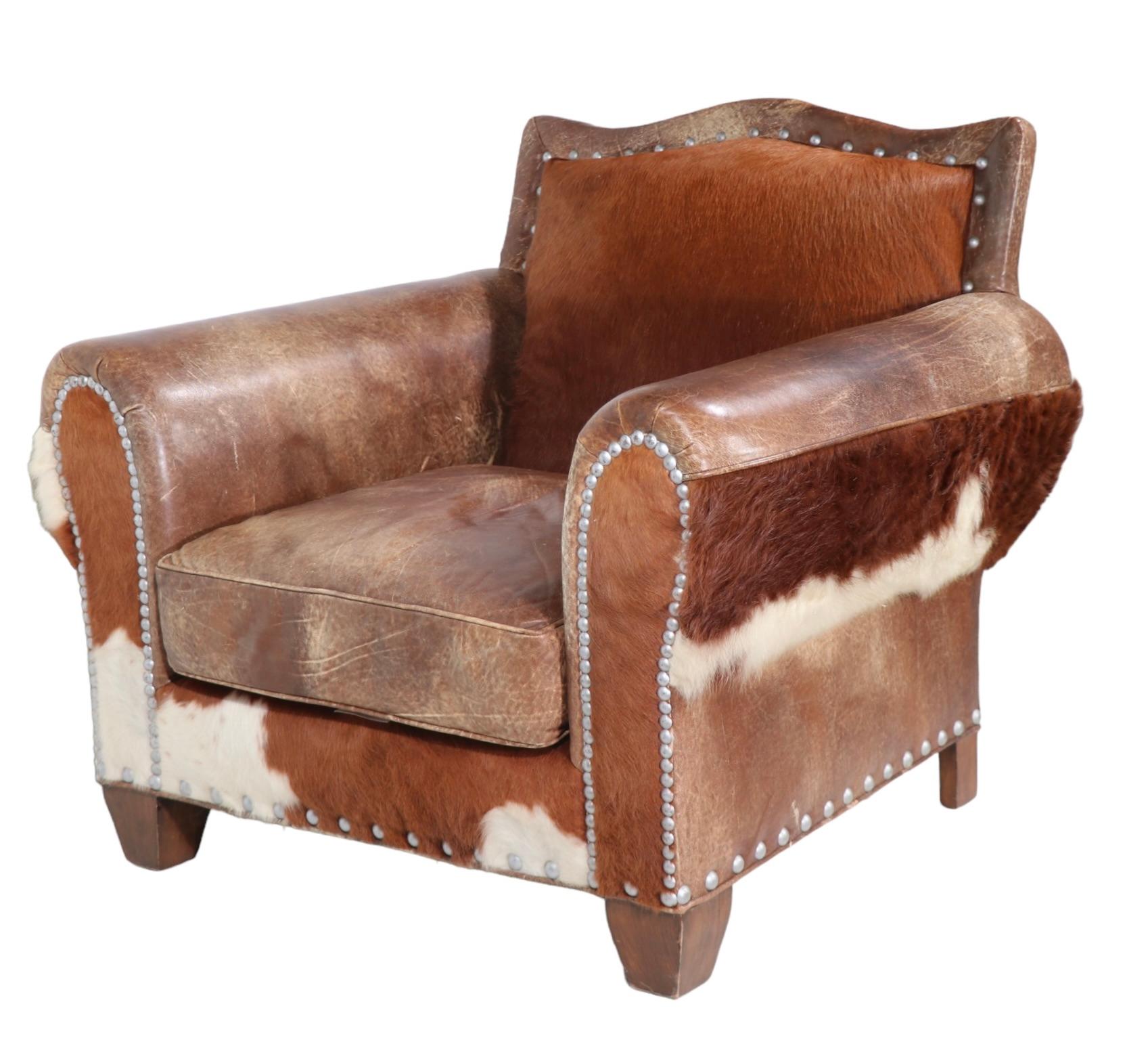 Contemporary  Western Style Old Hickory Tannery Leather Club Lounge Chair and Ottoman  For Sale