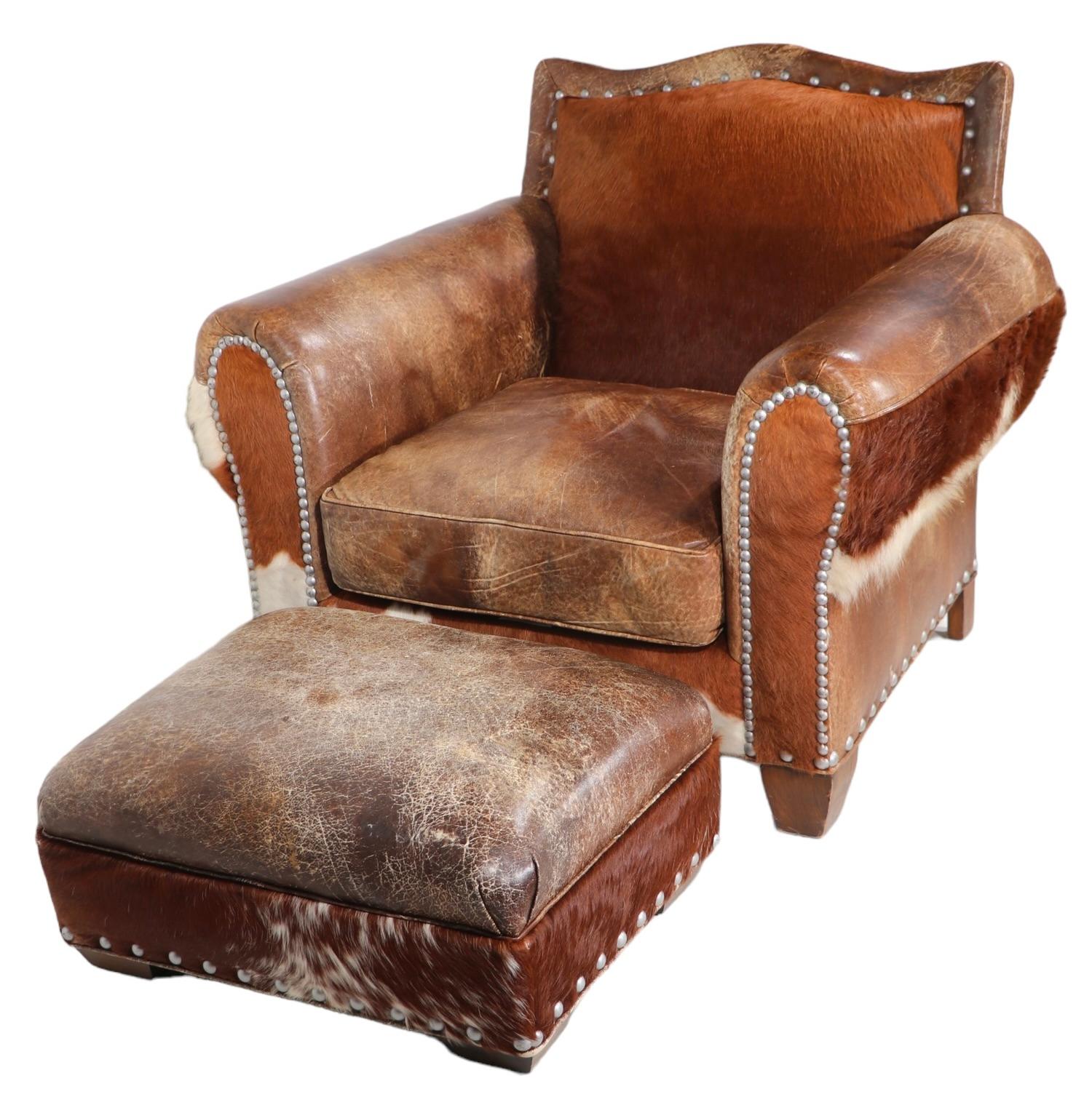  Western Style Old Hickory Tannery Leather Club Lounge Chair and Ottoman  For Sale