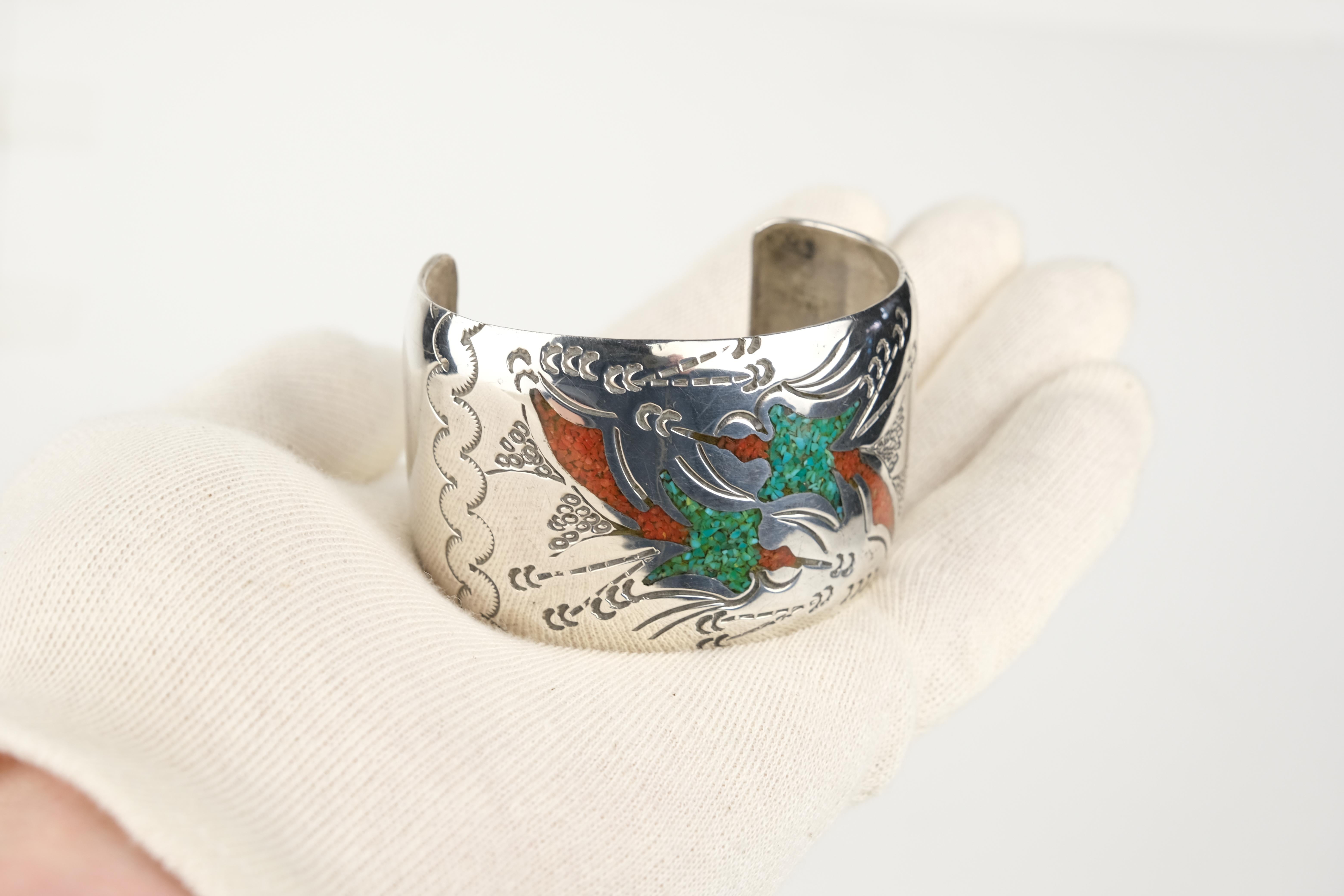 Uncut Western Style Sterling Turquoise and Coral Inlay Cuff