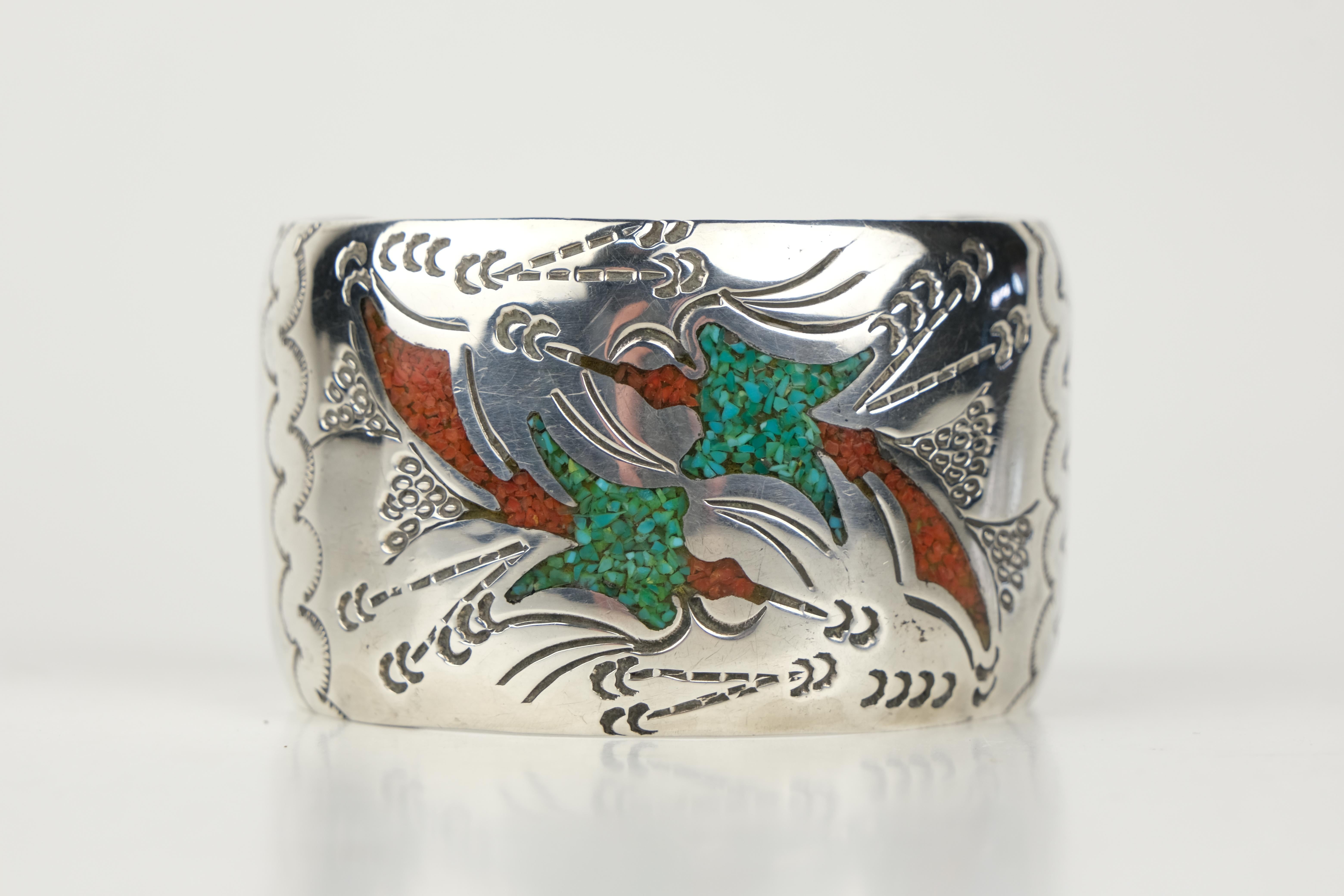 Western Style Sterling Turquoise and Coral Inlay Cuff In Good Condition In Bradford, Ontario