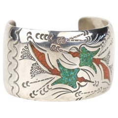 Western Style Sterling Turquoise and Coral Inlay Cuff