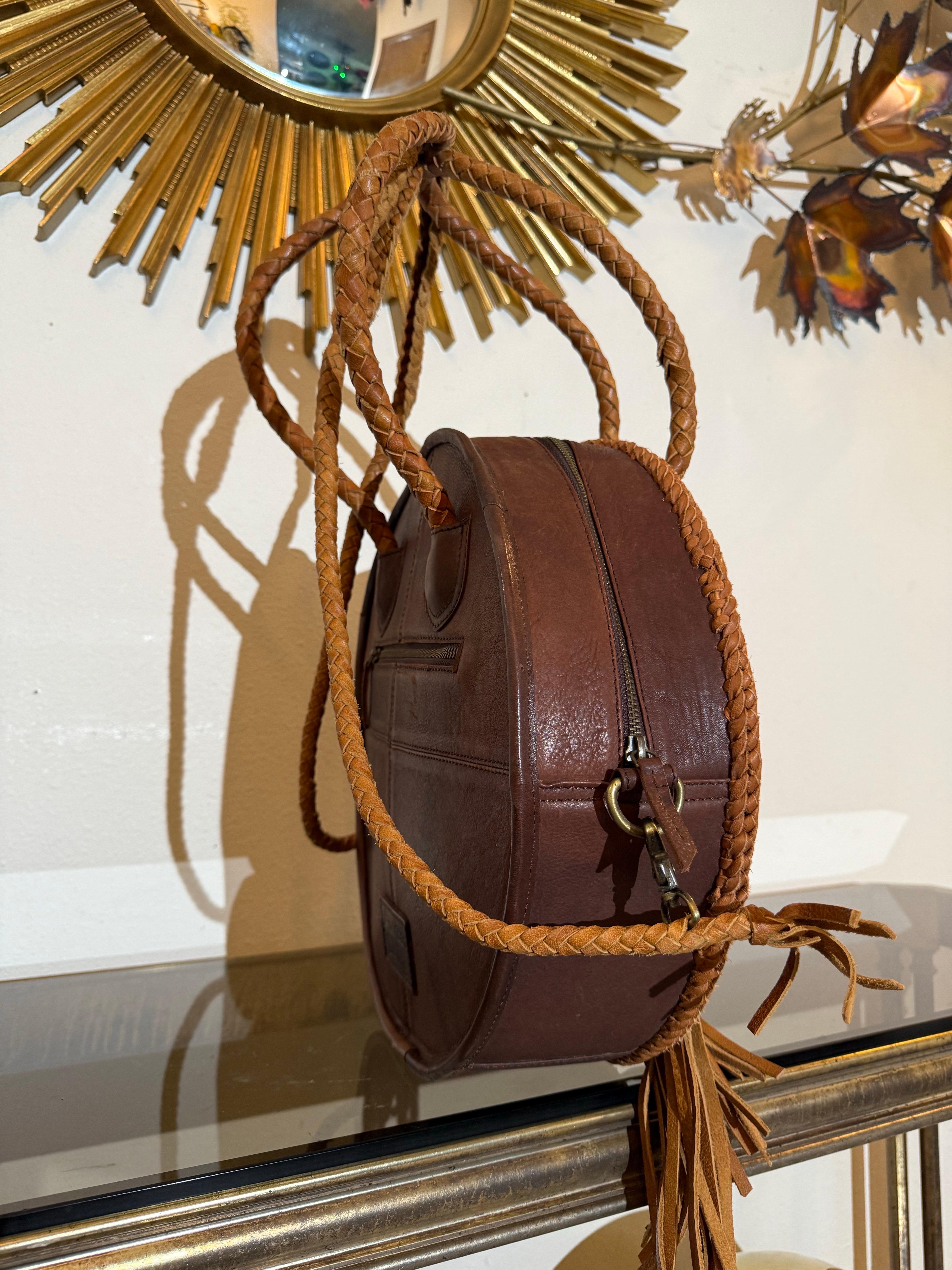 Western-Styled Cowhide Drum Handbag w Braid Handles and Leather Tassels For Sale 5