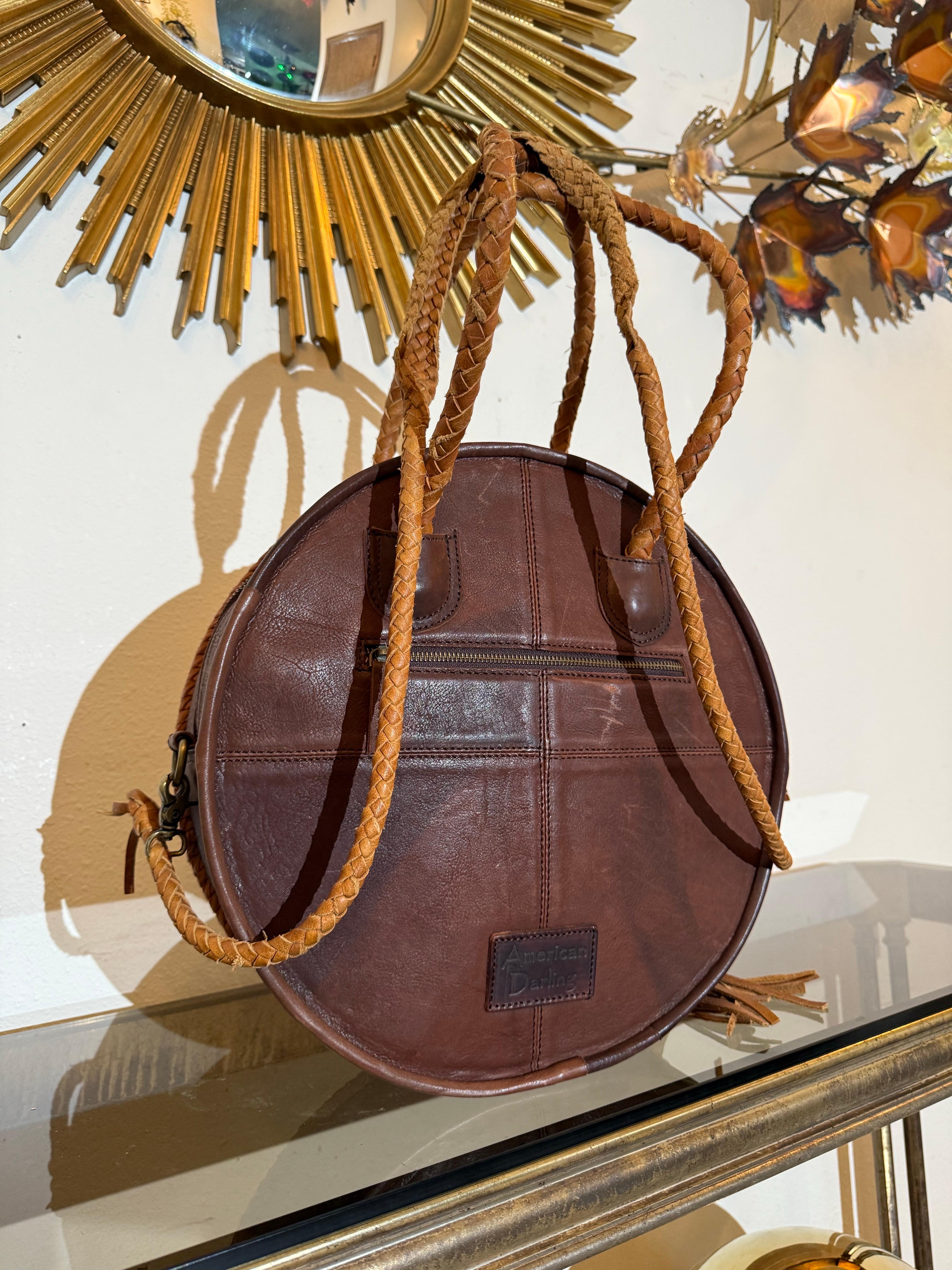 Western-Styled Cowhide Drum Handbag w Braid Handles and Leather Tassels For Sale 6