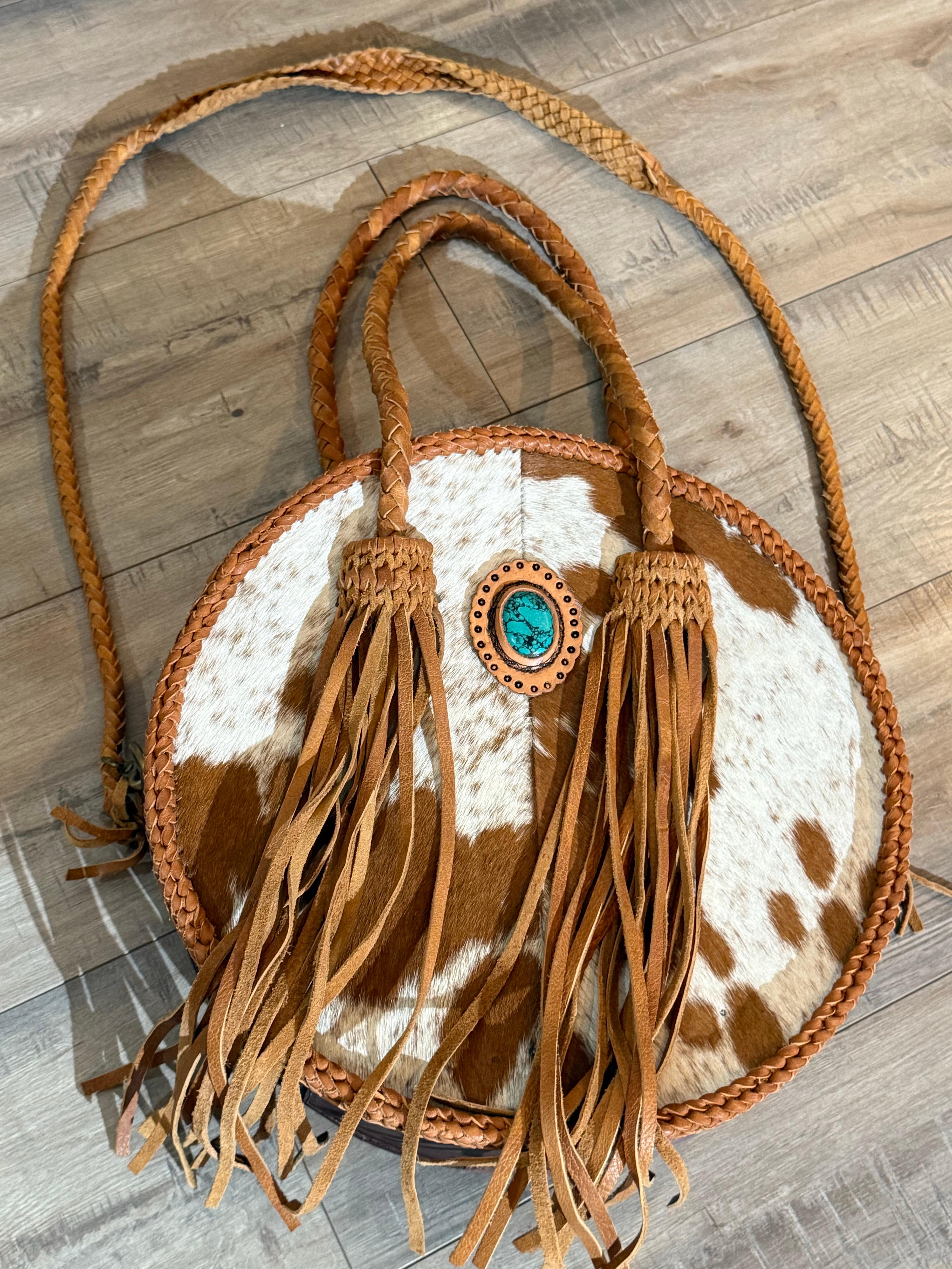 Western-Styled Cowhide Drum Handbag w Braid Handles and Leather Tassels For Sale 8