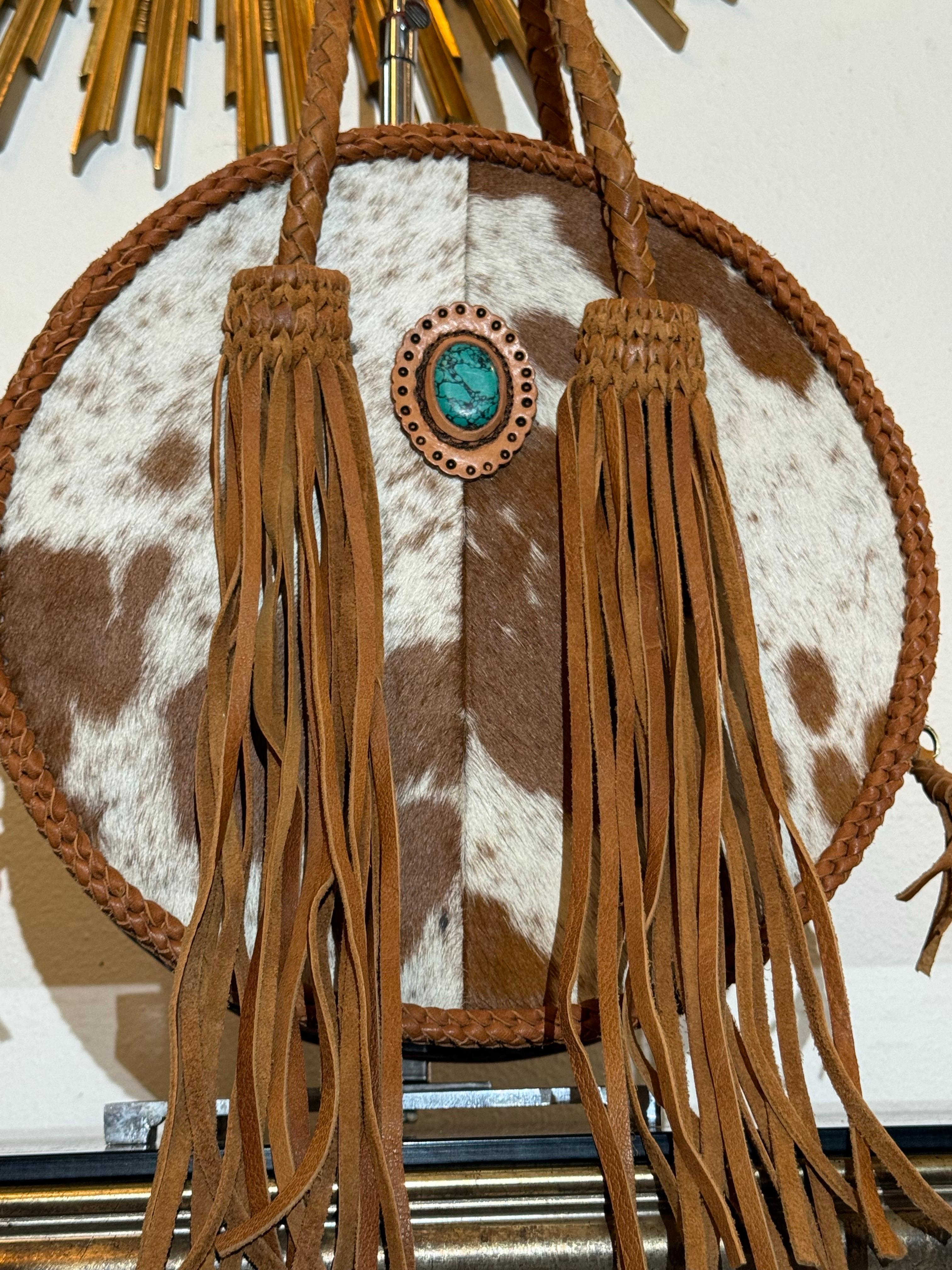 Brown Western-Styled Cowhide Drum Handbag w Braid Handles and Leather Tassels For Sale