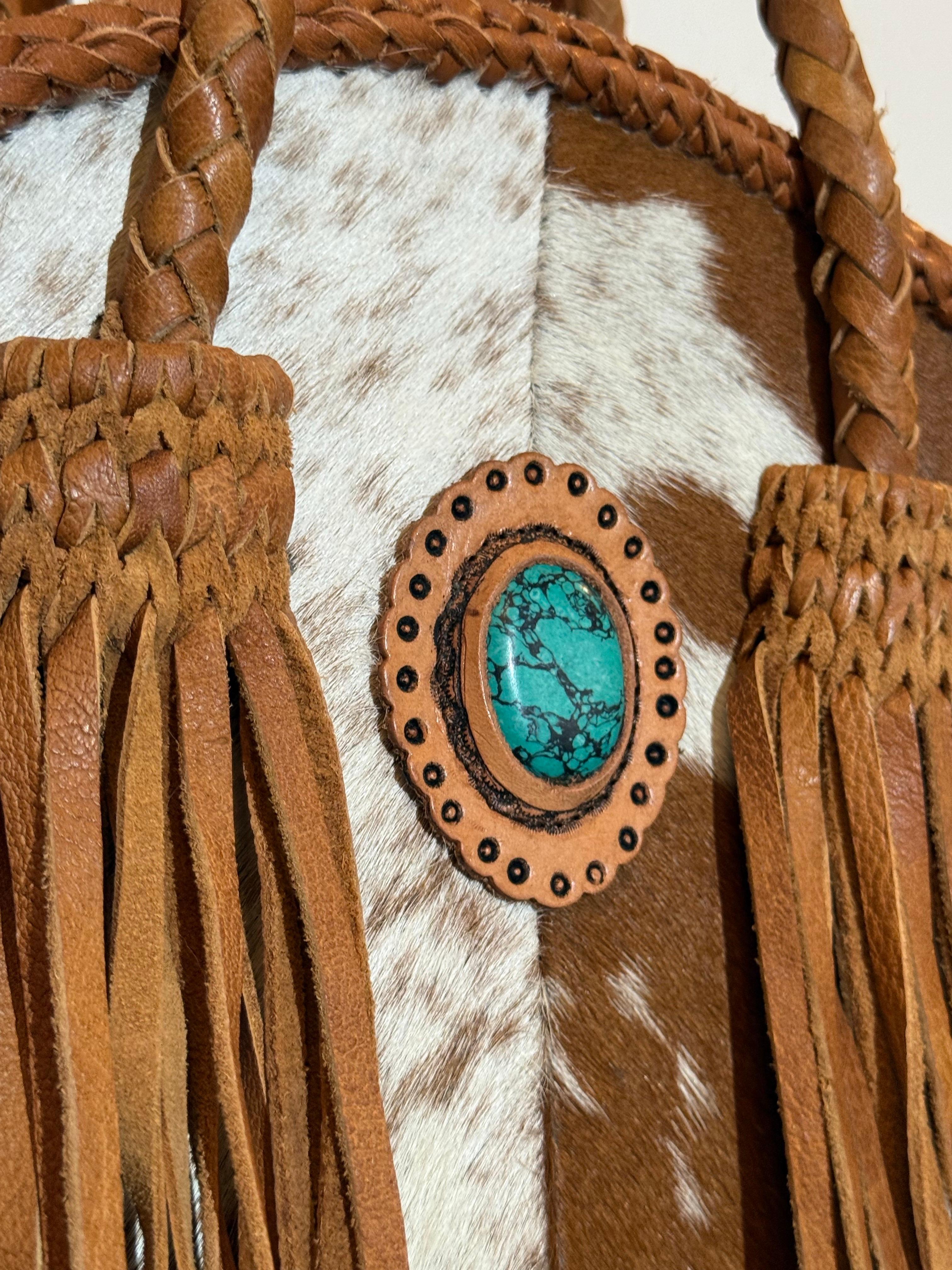 Women's Western-Styled Cowhide Drum Handbag w Braid Handles and Leather Tassels For Sale