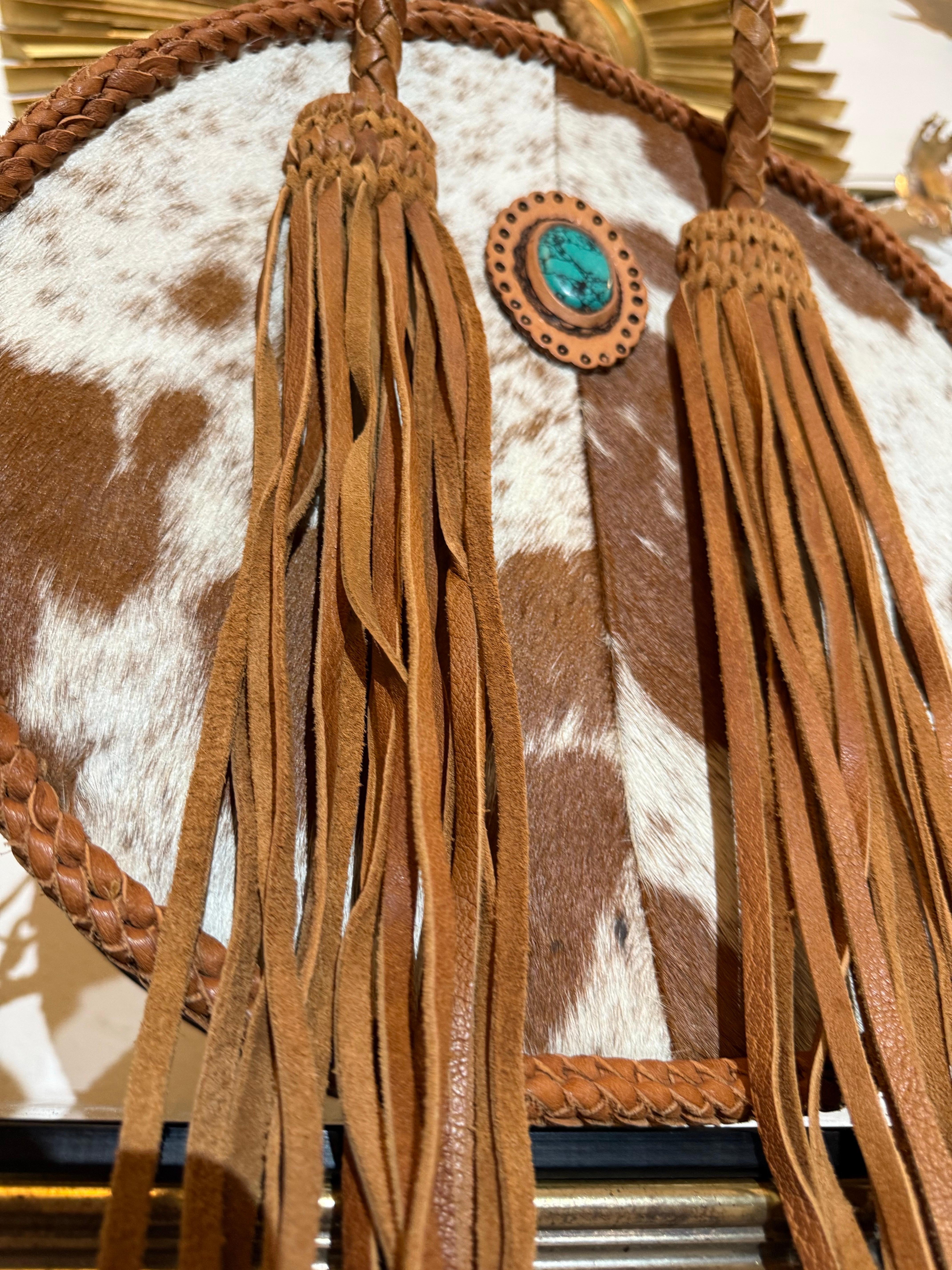 Western-Styled Cowhide Drum Handbag w Braid Handles and Leather Tassels For Sale 3