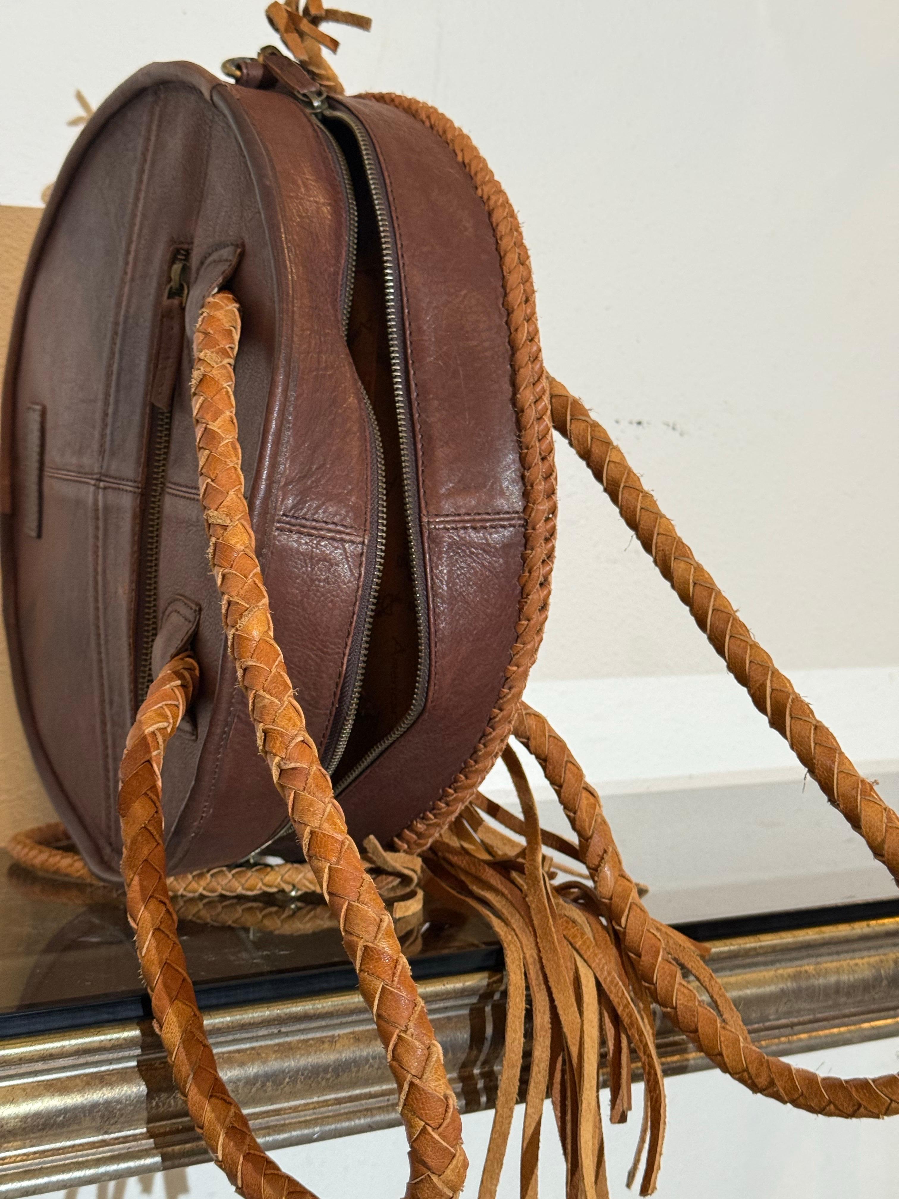 Western-Styled Cowhide Drum Handbag w Braid Handles and Leather Tassels For Sale 4