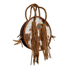 Western-Styled Cowhide Drum Handbag w Braid Handles and Leather Tassels